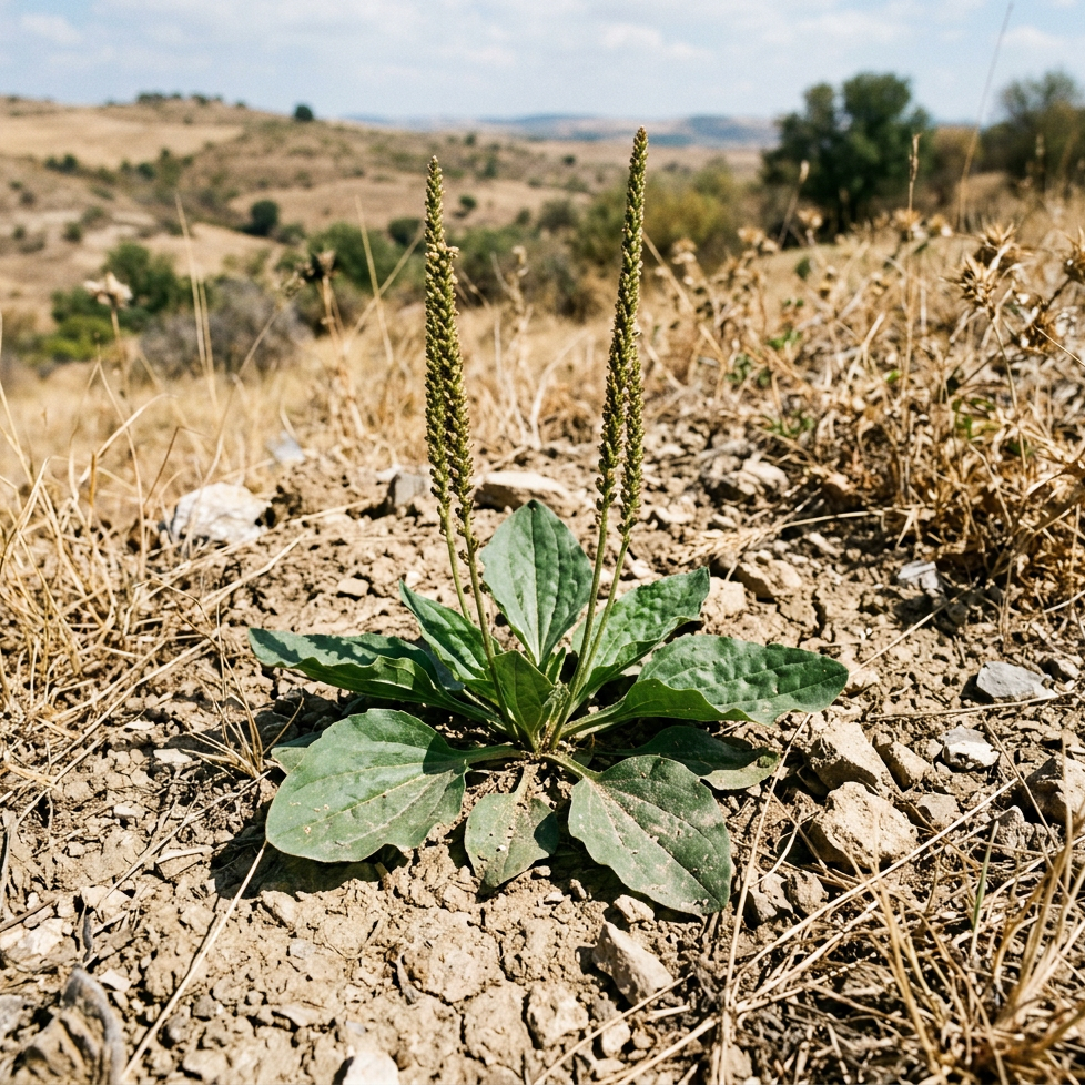 Broadleaf plantain growing in dry Colorado soil, symbolizing expat identity loss and resilience.