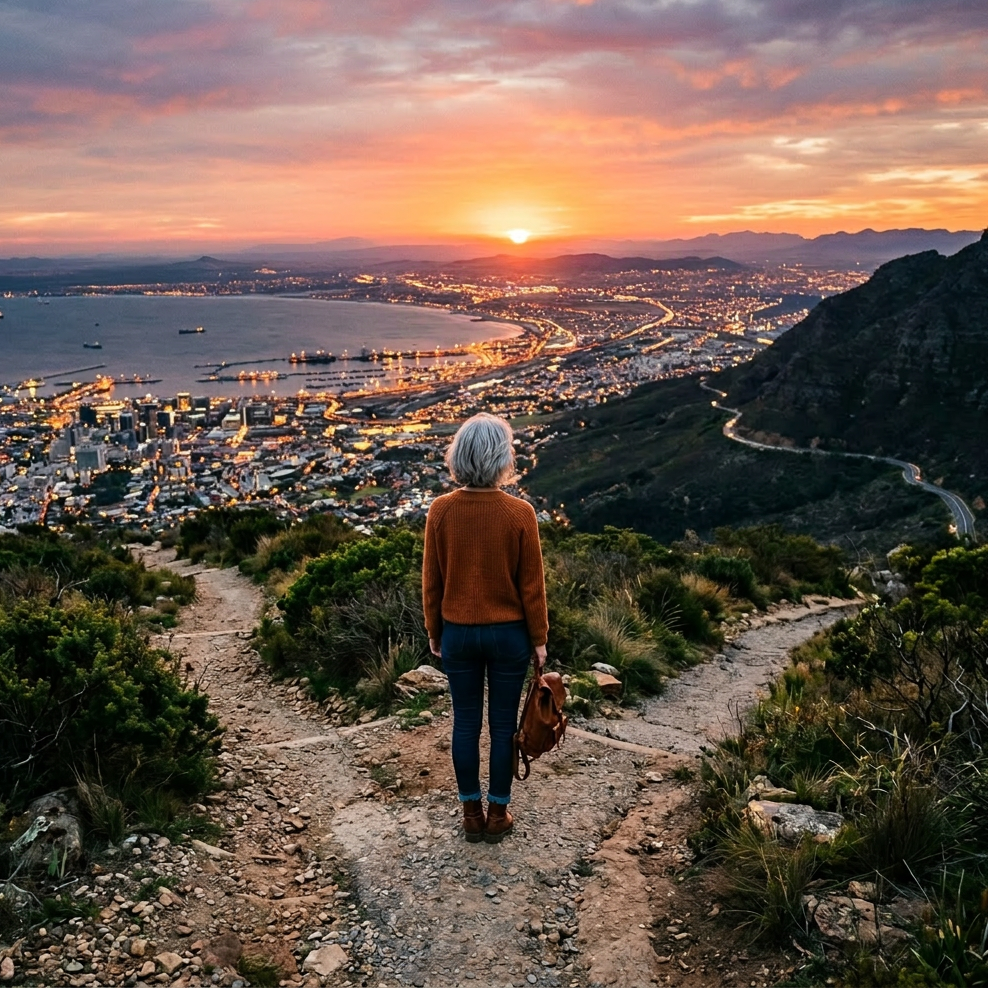 A woman standing at a crossroads on a mountain trail overlooking a city at sunset, symbolizing the expat retirement dilemma and choosing where to plant permanent roots.